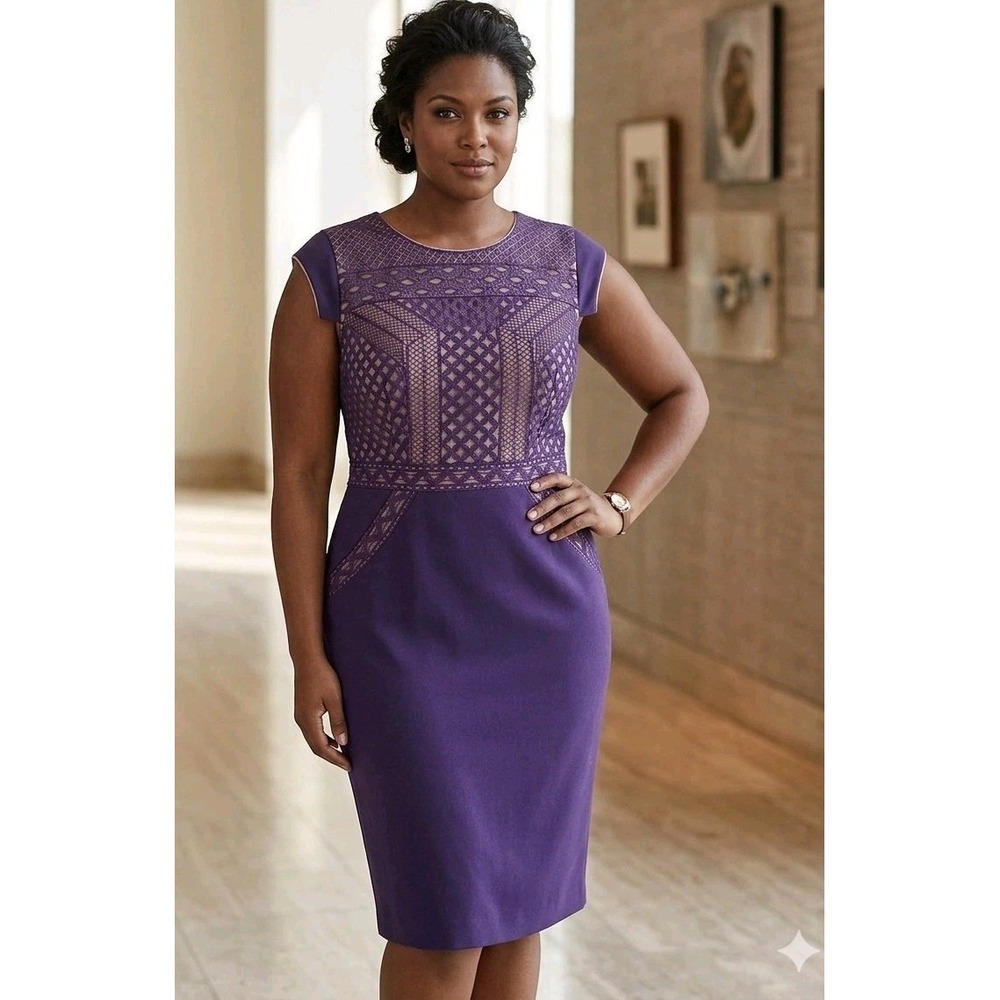 Antonio Melani Purple Lace Sheath Dress Cap Sleeve Evening Cocktail Sz14 Elegant